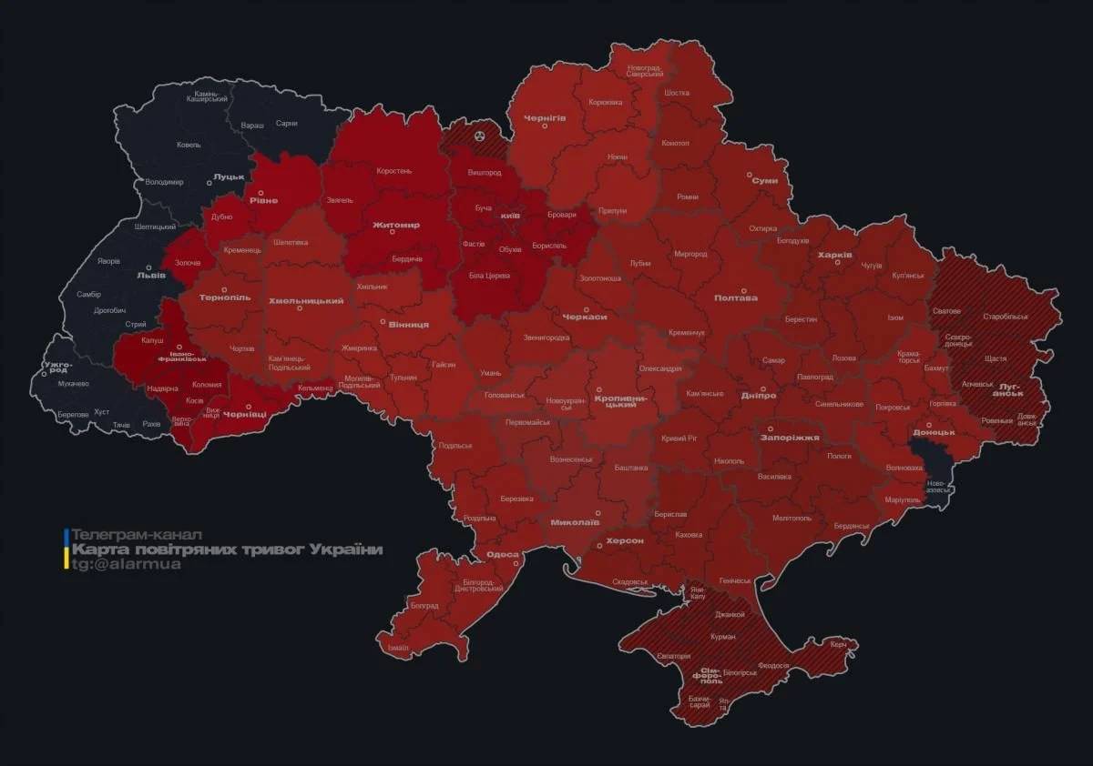Карта на районите, в които е обявена тревога